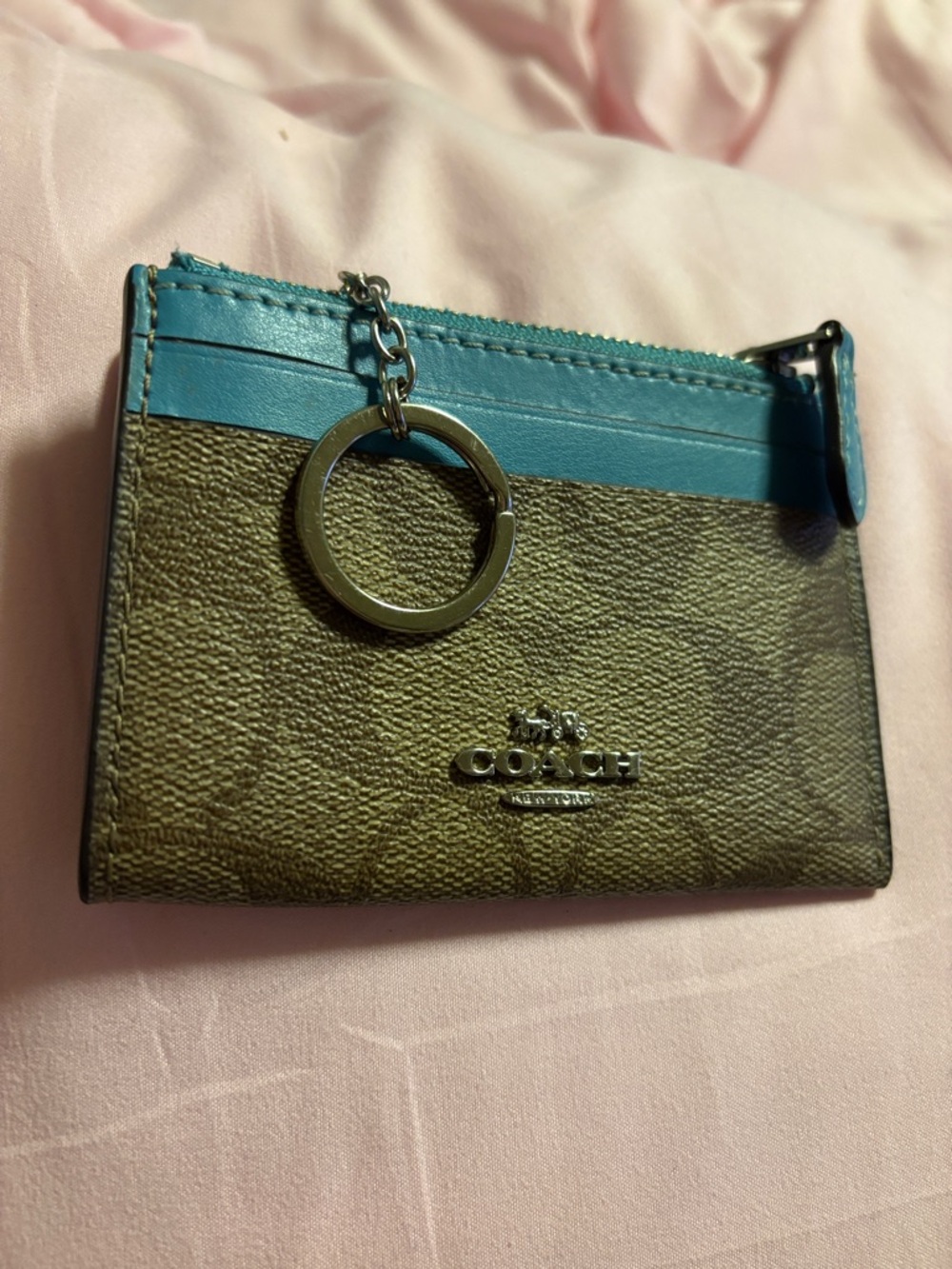 Coach Two-Tone Signature Card Holder with Key Ring - Teal & Brown